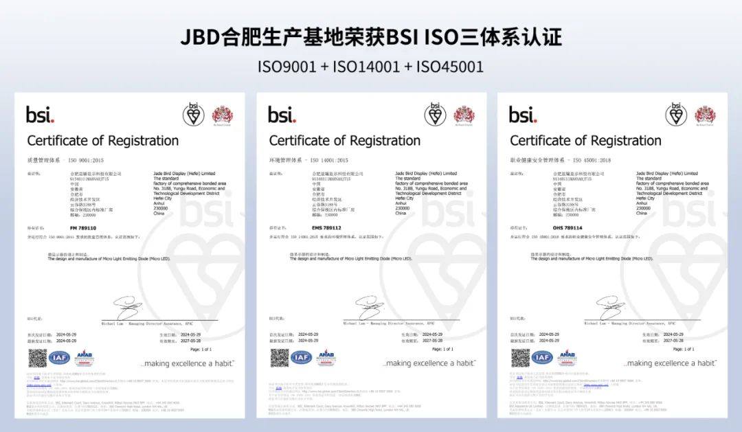 JBD合肥MicroLED微显示屏生产基地荣获国际权威ISO三体系认证