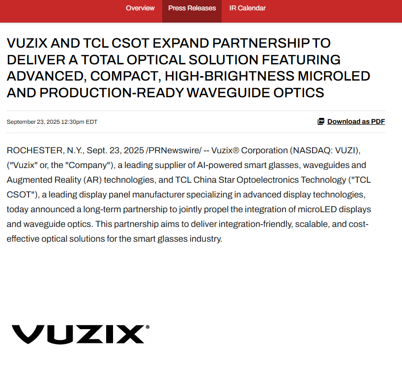 Vuzix与TCL华星合作开发AR用Micro-LED+光波导集成方案
