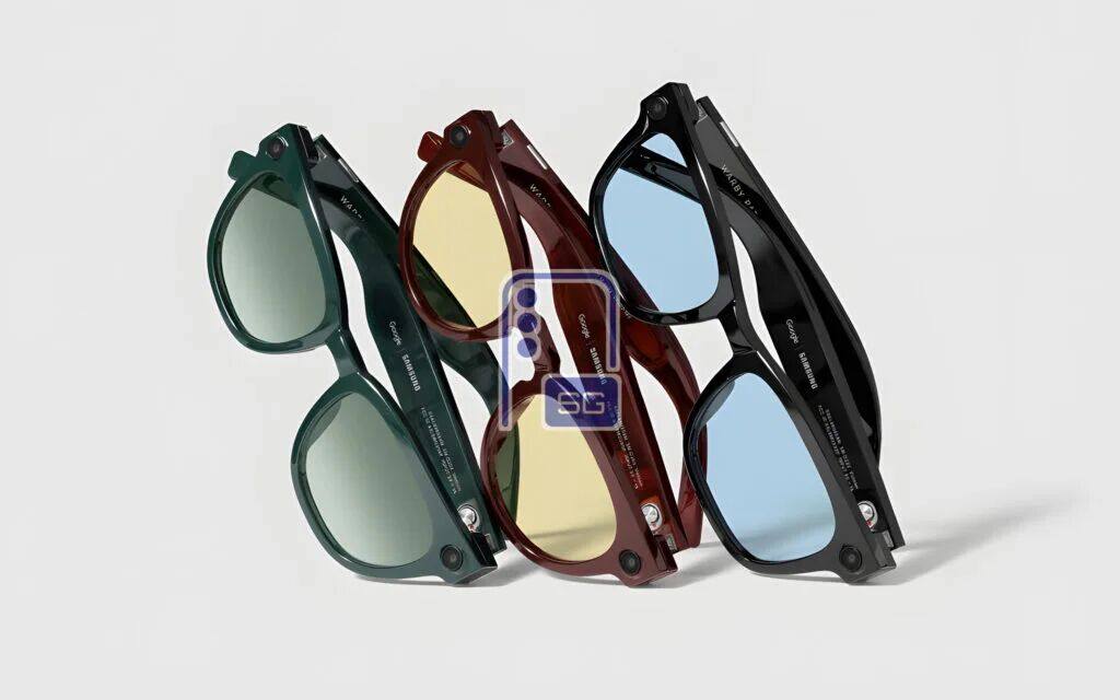 Warby Parker Intelligent Eyewear 系列镜框，深绿色、红棕色和黑色，叠戴设计，图中搭配有色镜片。